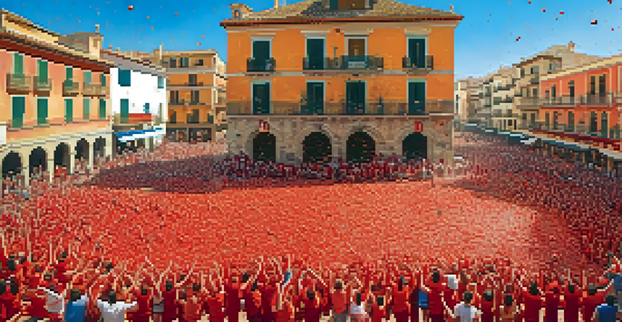 A colorful depiction of the La Tomatina festival with people throwing tomatoes in a lively Spanish town.