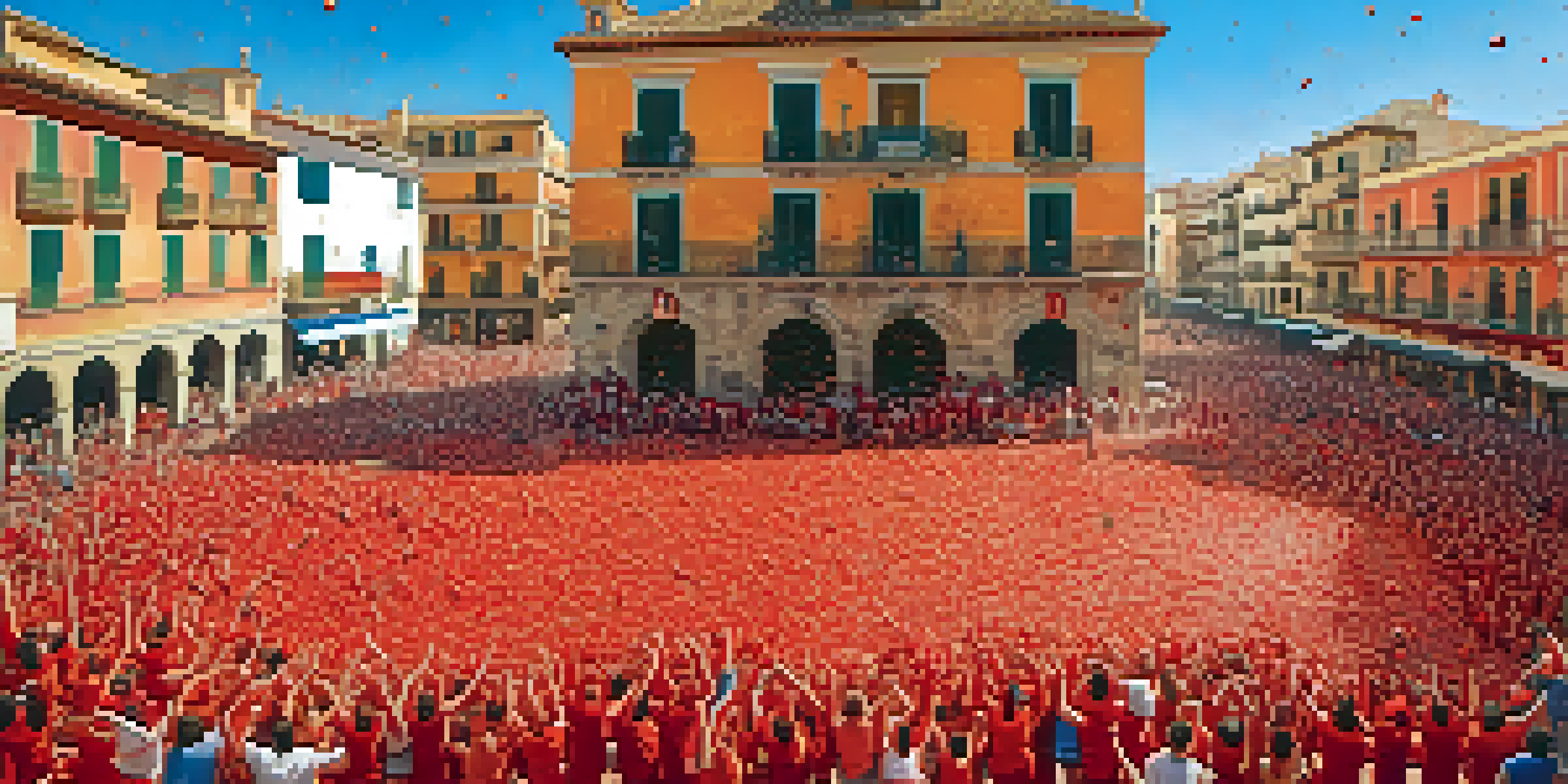 A colorful depiction of the La Tomatina festival with people throwing tomatoes in a lively Spanish town.