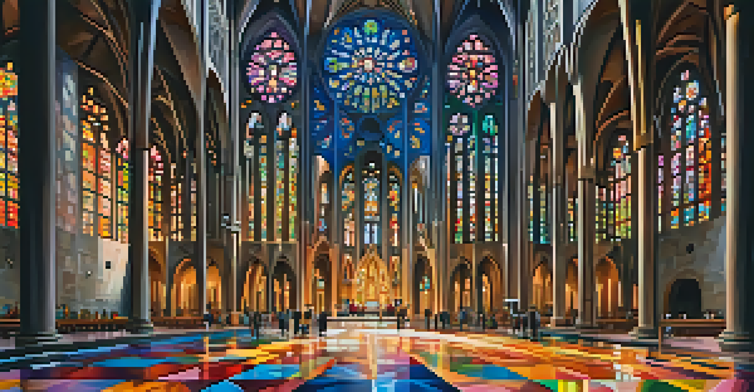 The interior of Sagrada Familia with colorful stained glass windows and intricate architectural details.
