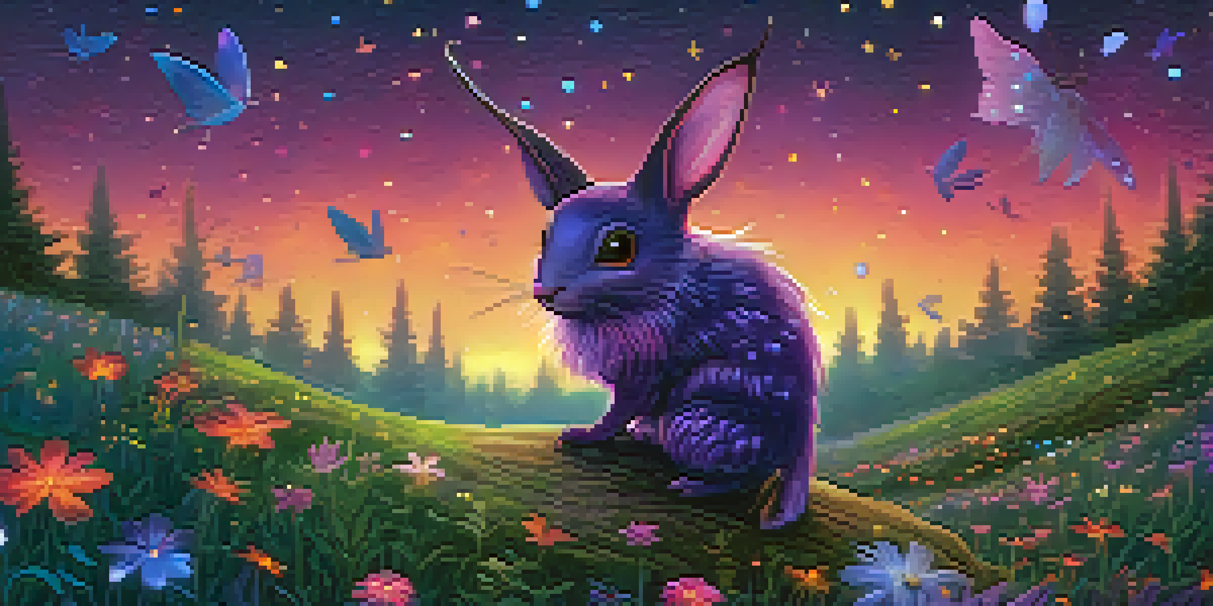 A playful elf-like creature dancing in a twilight forest with glowing fireflies and vibrant flowers.