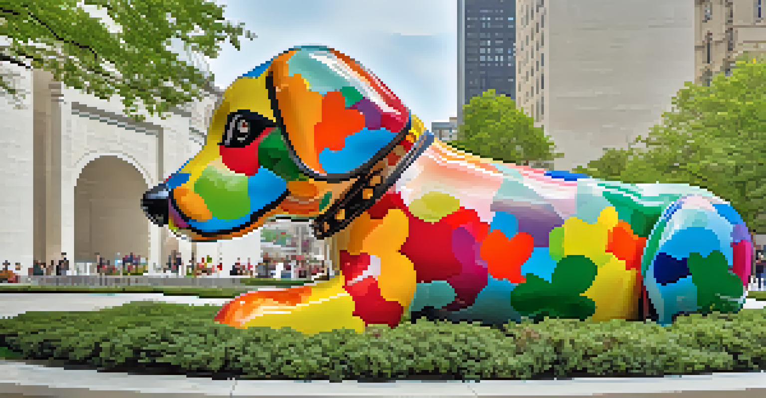 Close-up of 'The Puppy' floral sculpture by Jeff Koons at the Guggenheim Museum entrance, surrounded by colorful flowers and modern architecture.