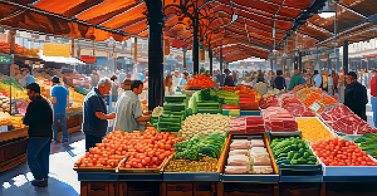 A lively food market scene in Seville with colorful displays of fresh produce and tapas, showcasing vendors and customers interacting.
