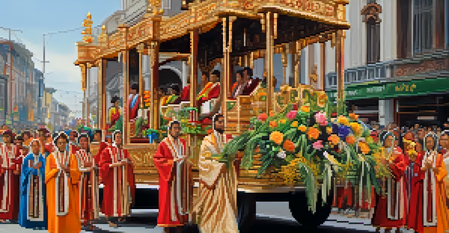 A detailed view of a floral-adorned float during Semana Santa, surrounded by solemn participants.