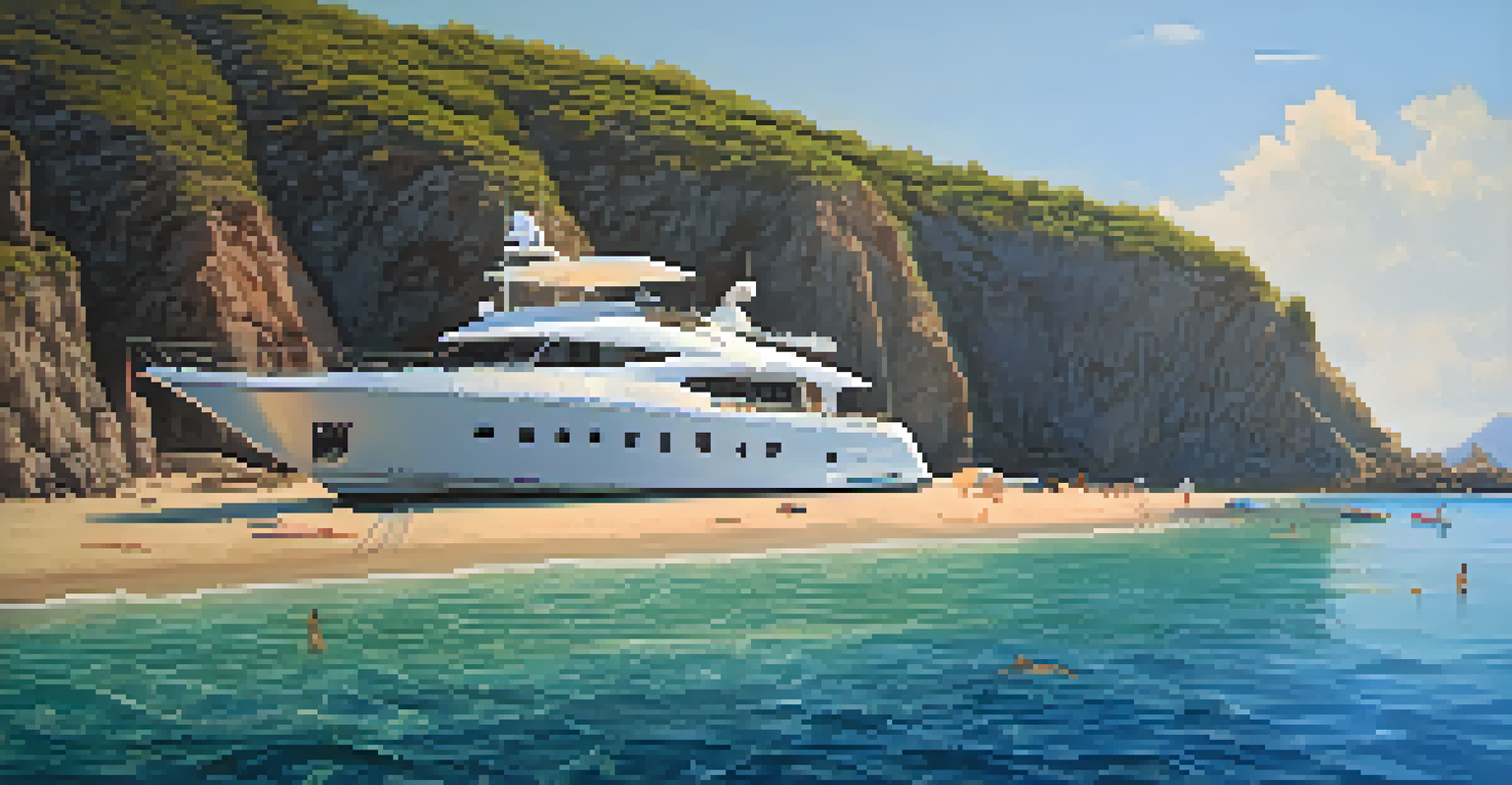 A private yacht anchored near a secluded beach with sandy shores and volcanic cliffs in the background.
