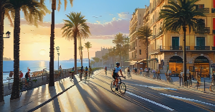 A picturesque street in Barcelona with cyclists, palm trees, and a sunset over the Mediterranean coast.