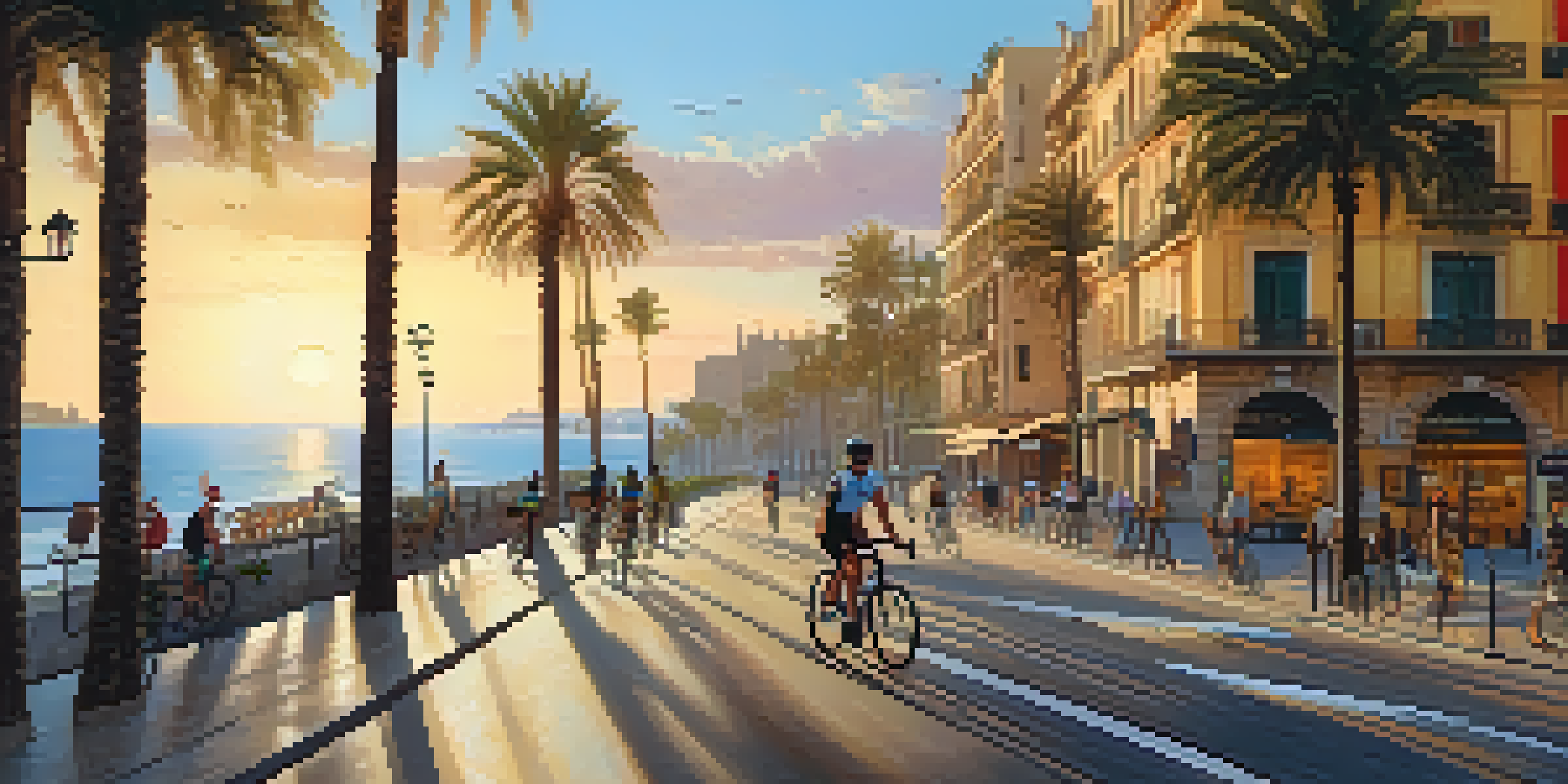 A picturesque street in Barcelona with cyclists, palm trees, and a sunset over the Mediterranean coast.