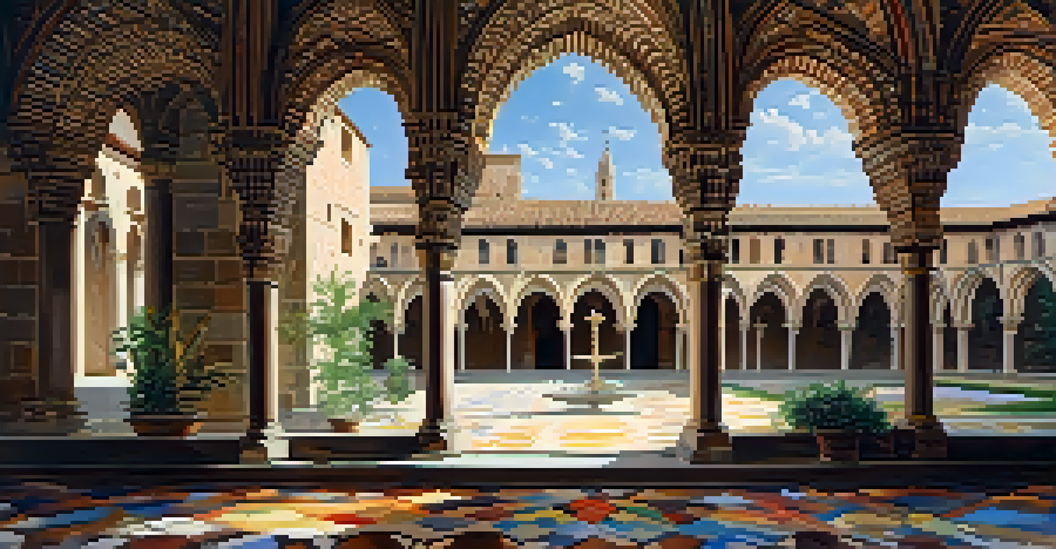 Inside the Monastery of San Juan de los Reyes, showcasing Gothic architecture with intricate designs and colorful light from stained glass windows.