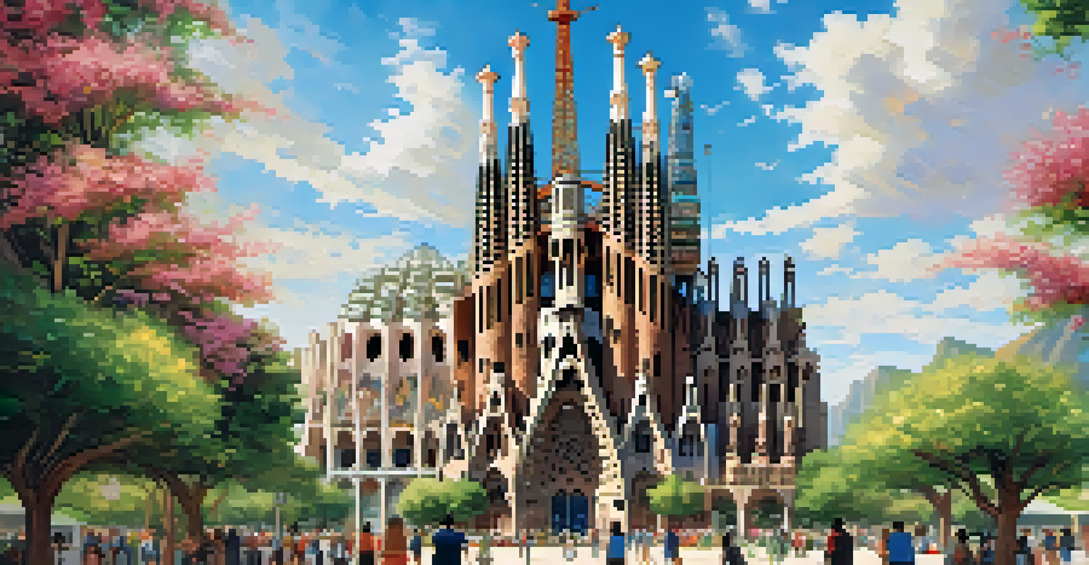 An architectural scene resembling Gaudí's Sagrada Família, with intricate details, vibrant colors, and people in a sunny garden setting.