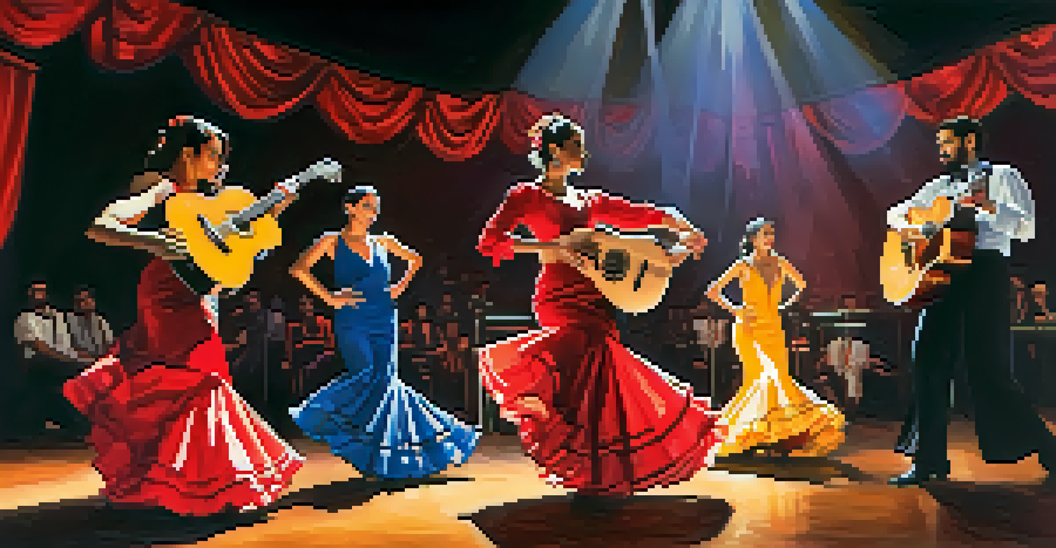 A vibrant Flamenco performance on stage featuring a singer, guitarist, and dancer in traditional attire, illuminated by warm lights.