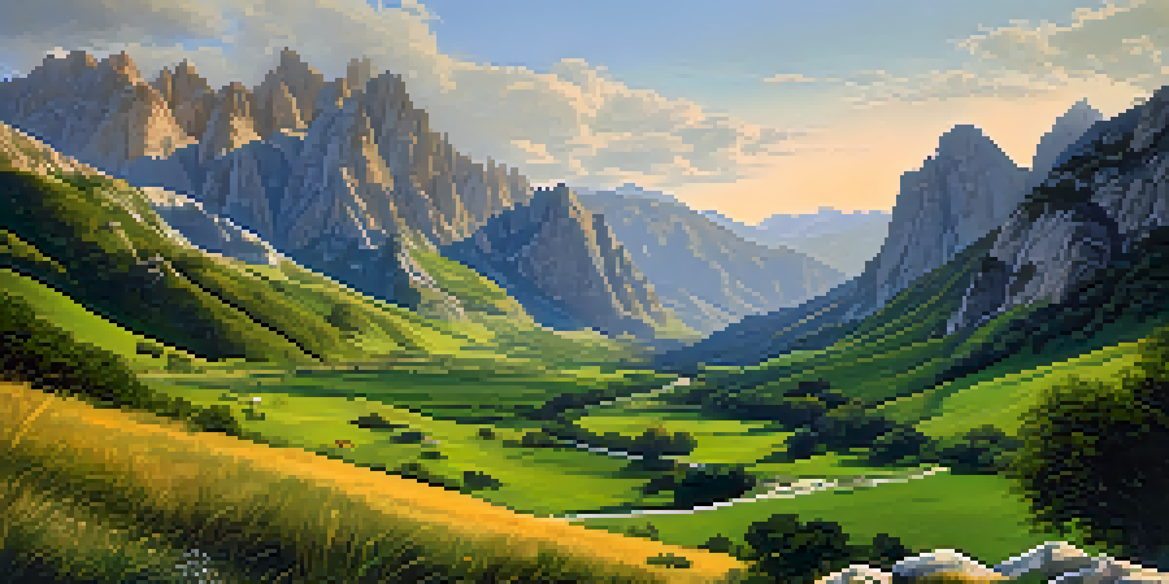 A picturesque view of Picos de Europa National Park with mountains and valleys under warm sunlight, featuring a winding trail and wildflowers.