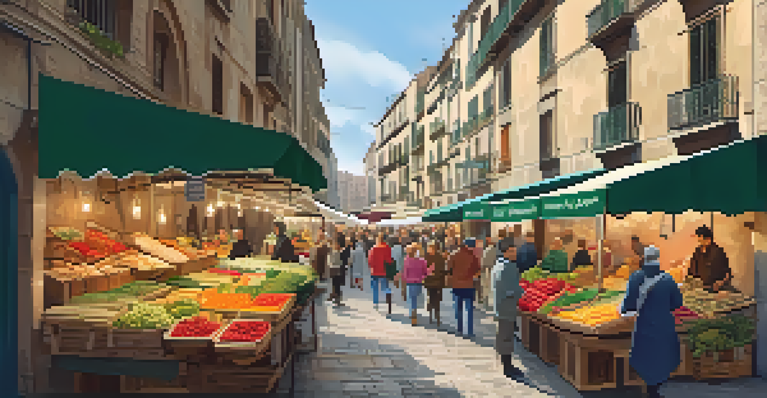 Local market in the Gothic Quarter, featuring stalls with fresh produce and traditional Catalan foods, with shoppers interacting with vendors.