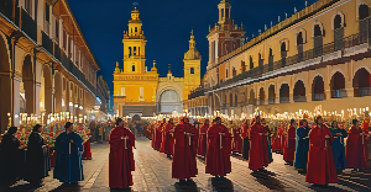 A solemn procession with participants in traditional robes and intricate floats, illuminated by candlelight.