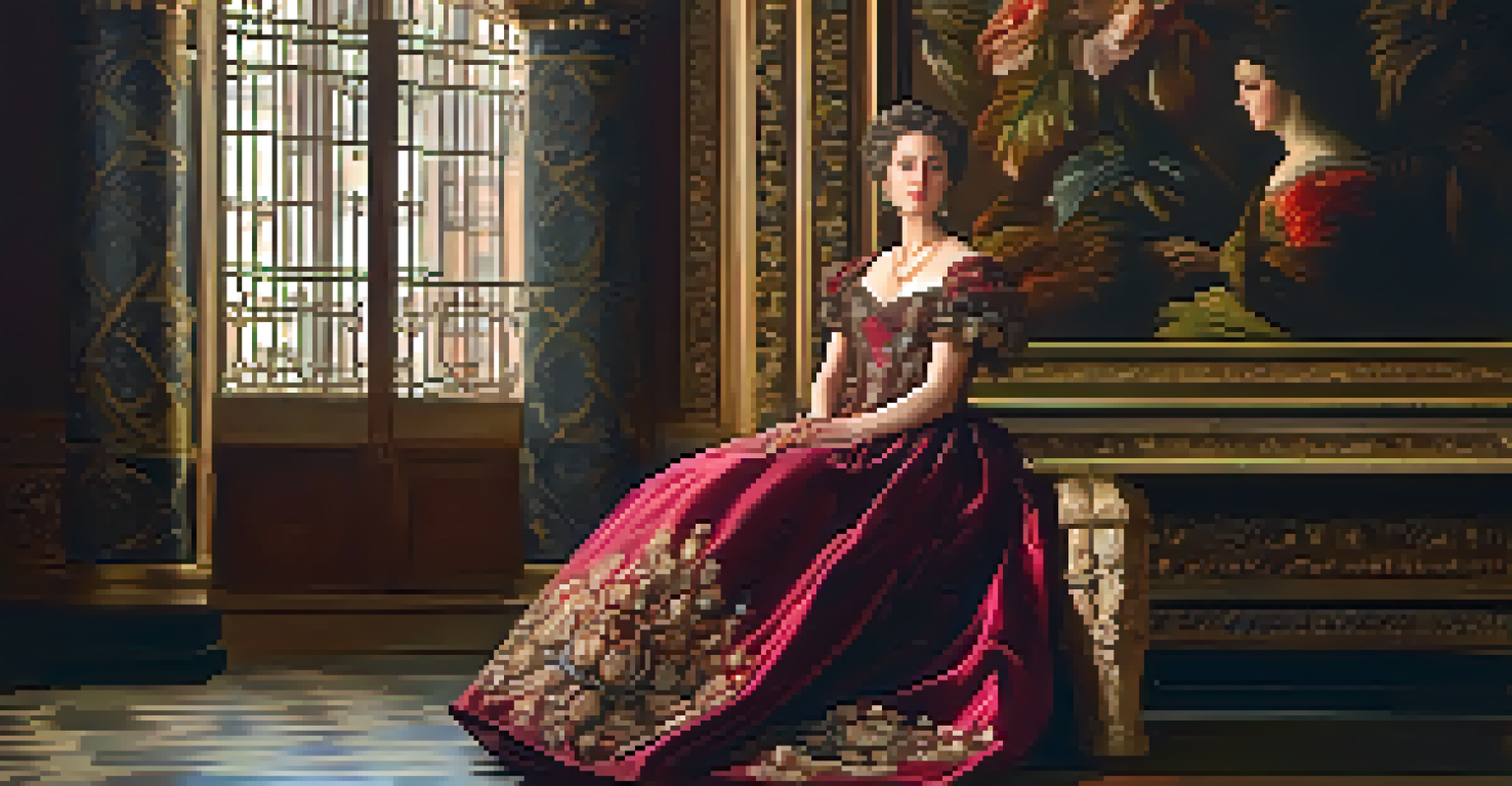 A noblewoman in an elegant Baroque gown, captured with rich colors and soft lighting, highlighting her serene expression.