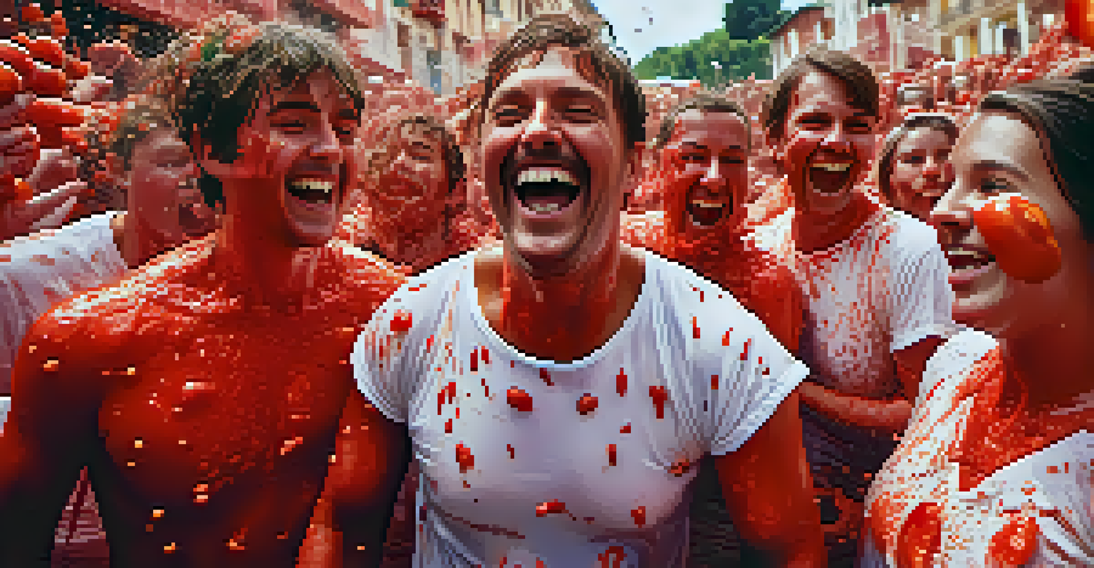 Close-up of a smiling participant at La Tomatina, covered in tomato pulp, holding a squished tomato.