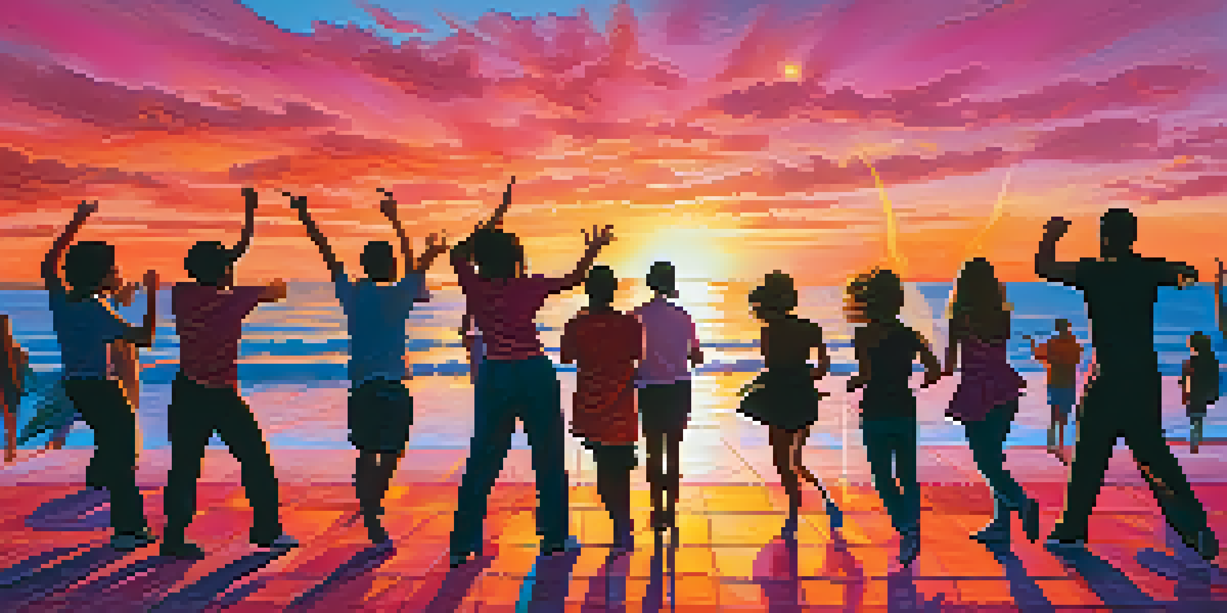 Silhouettes of people dancing against a colorful sunset over the Mediterranean Sea.