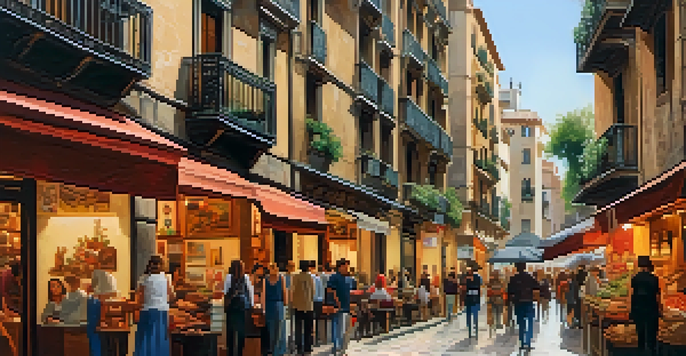 A busy street in the Gothic Quarter of Barcelona with cobblestone pathways, historic buildings, street art, and local vendors.