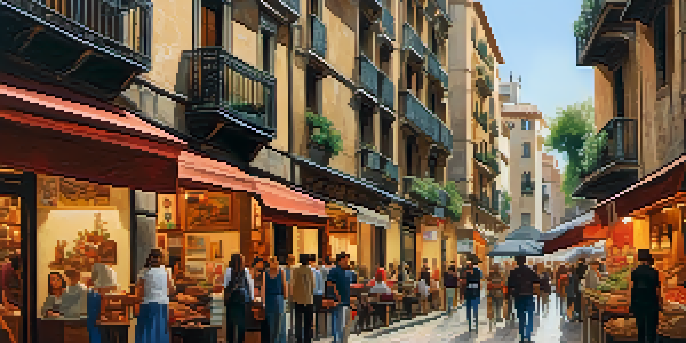 A busy street in the Gothic Quarter of Barcelona with cobblestone pathways, historic buildings, street art, and local vendors.