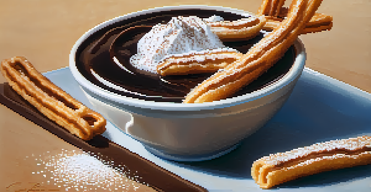 Close-up of crispy churros dusted with powdered sugar and a bowl of chocolate sauce, with soft morning light highlighting the textures.
