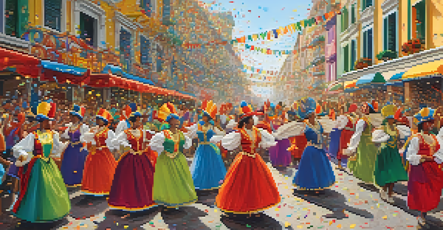 A lively Carnival parade with colorful costumes and decorations, filled with energy and joy.