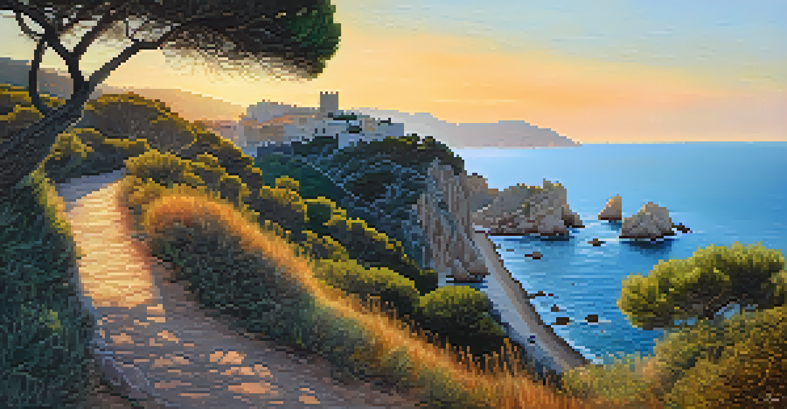 A sunset view of the Mediterranean Sea from the Cami de Ronda trail, with cliffs and a castle in the background.