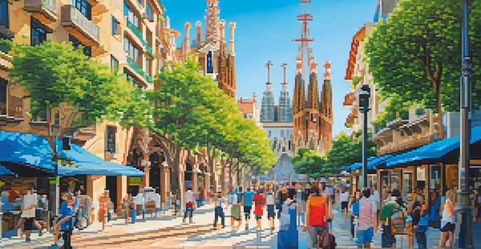 A colorful street scene in Barcelona with Gaudí's unique architectural designs, surrounded by people and greenery under a clear blue sky.