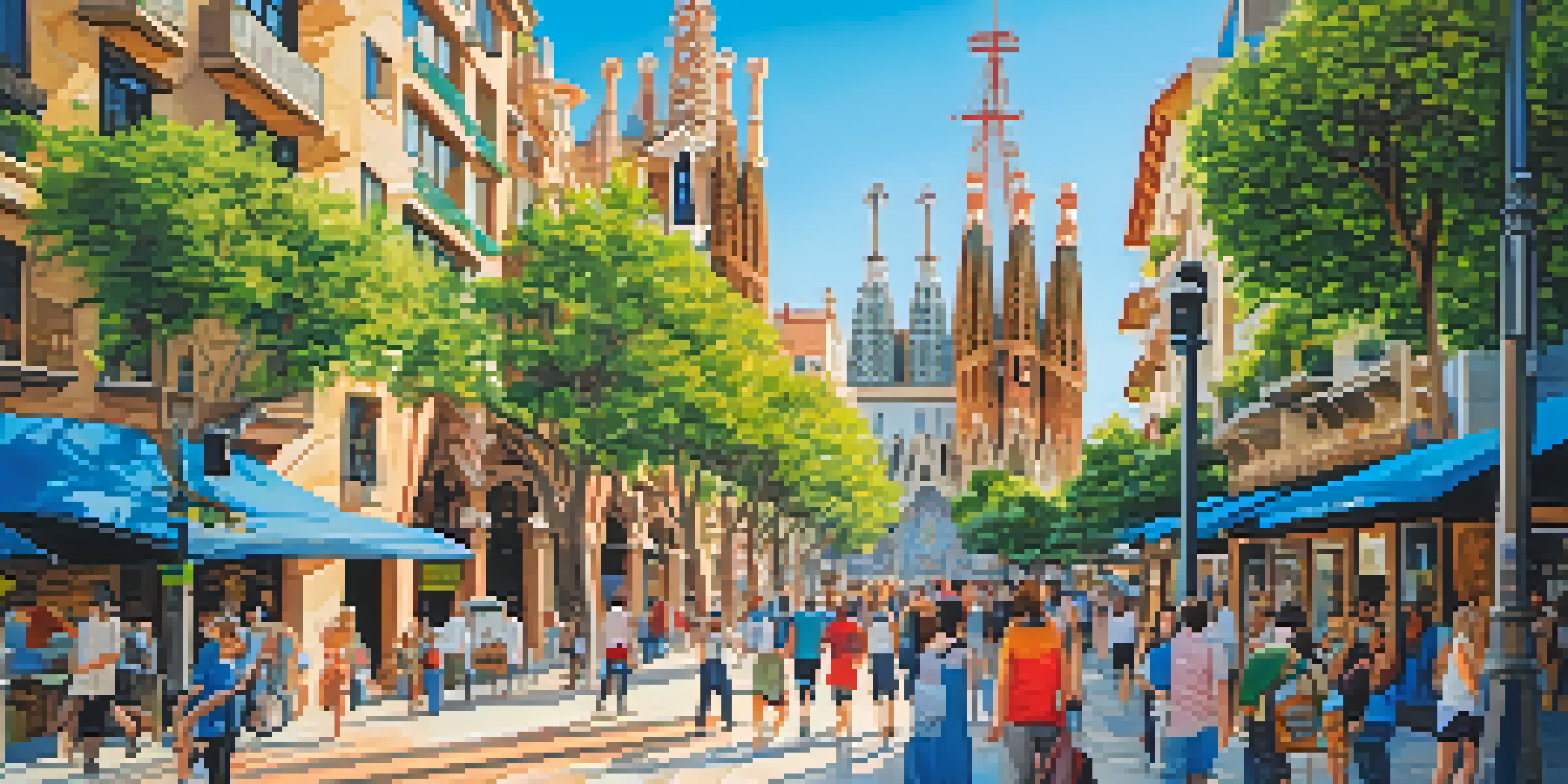 A colorful street scene in Barcelona with Gaudí's unique architectural designs, surrounded by people and greenery under a clear blue sky.