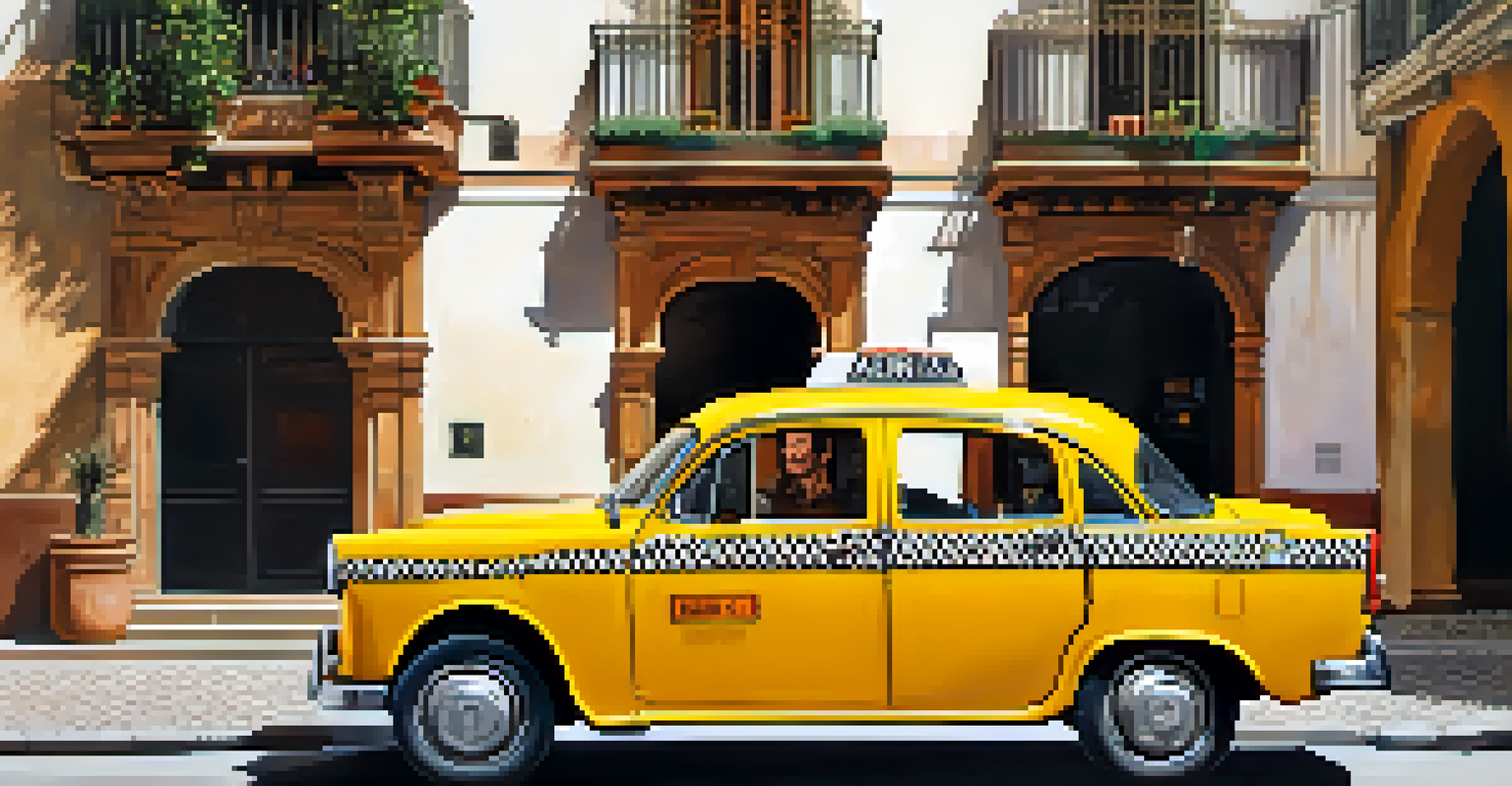 A taxi in Spain with a friendly driver leaning against it, set against a bustling street with traditional Spanish architecture.