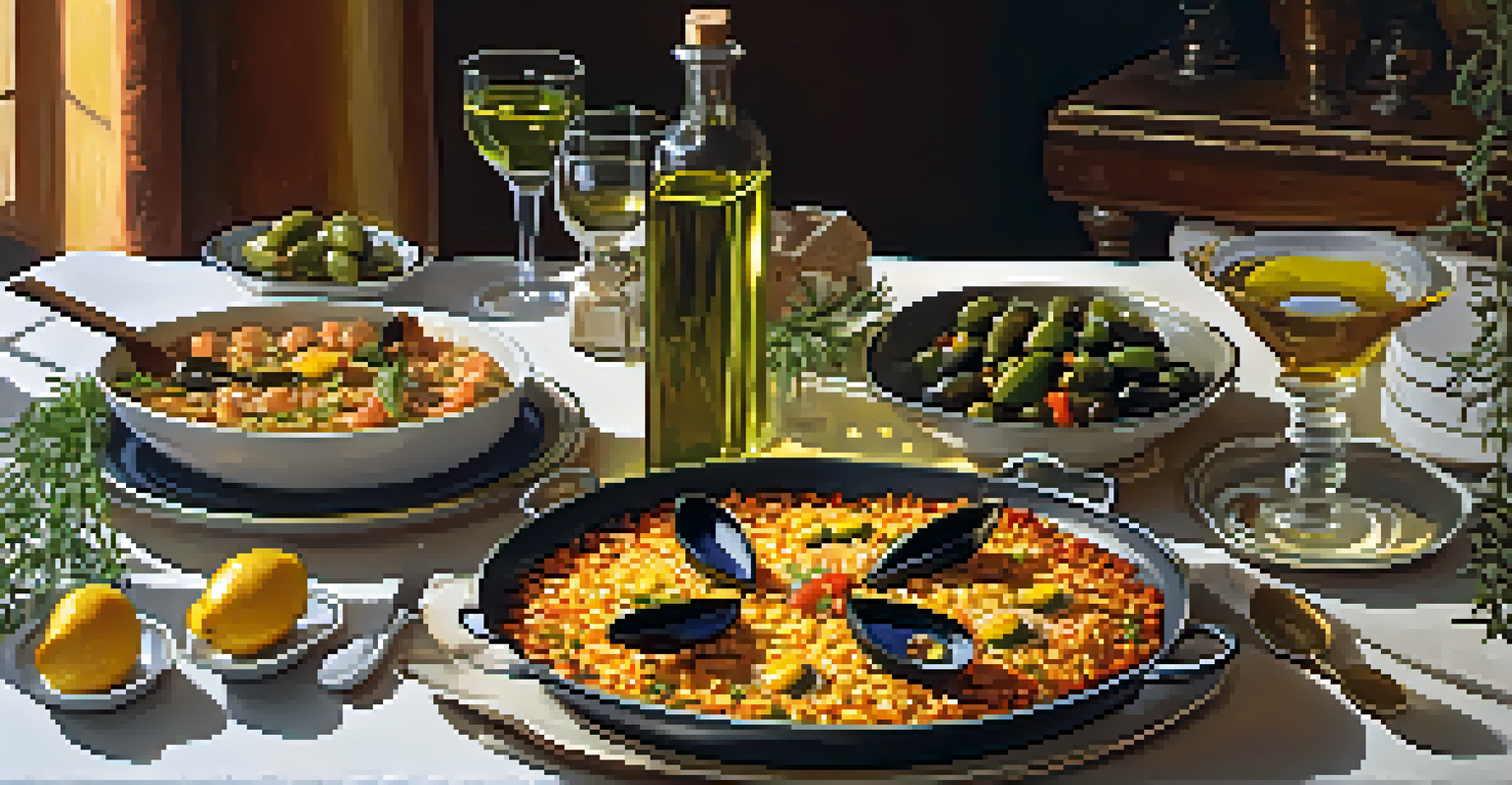 An elegant dining table with paella, tapas, and olive oil, set in warm ambient lighting.