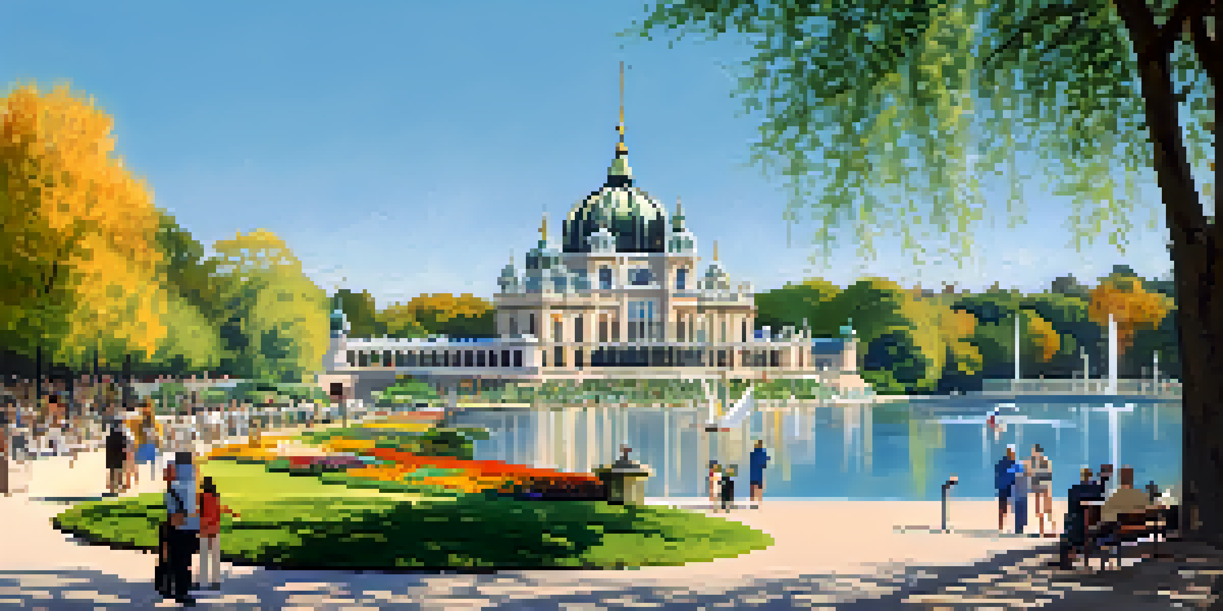 A peaceful scene of Retiro Park, featuring a boating lake, green trees, and the Crystal Palace.