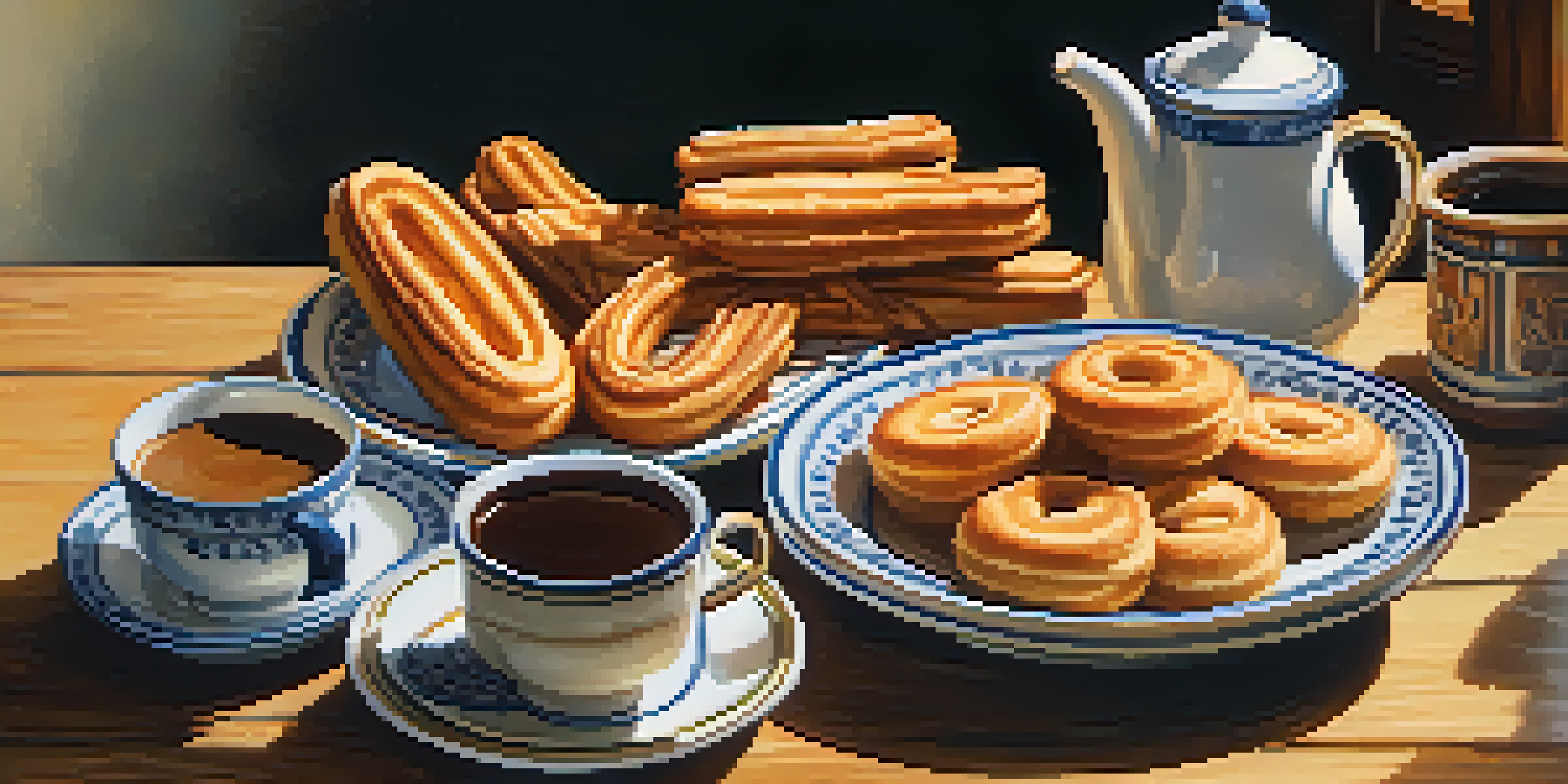 A rustic kitchen table with freshly baked Spanish pastries and a cup of coffee, illuminated by warm sunlight.