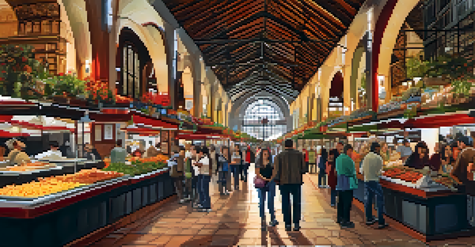 Inside Mercado de San Miguel in Madrid, filled with food stalls and people enjoying local delicacies in a lively atmosphere.