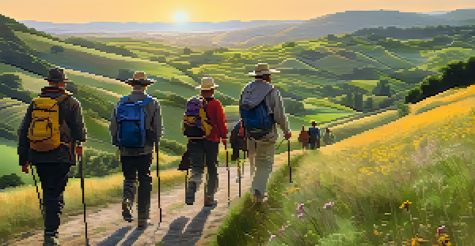 Pilgrims walking on the Camino de Santiago surrounded by green hills and wildflowers at sunset.