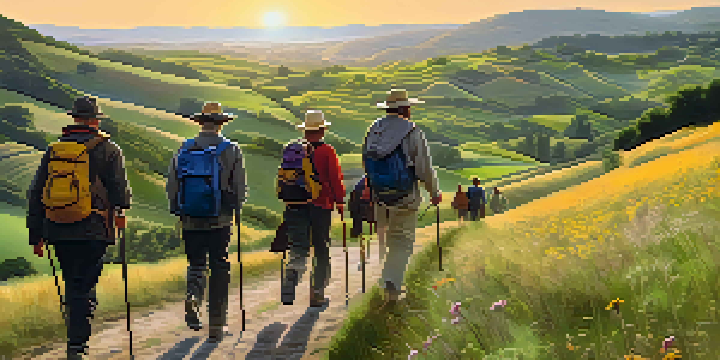 Pilgrims walking on the Camino de Santiago surrounded by green hills and wildflowers at sunset.