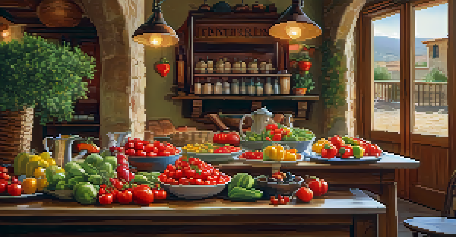 A rustic wooden table filled with fresh seasonal produce in a cozy farm-to-table restaurant setting in Spain.