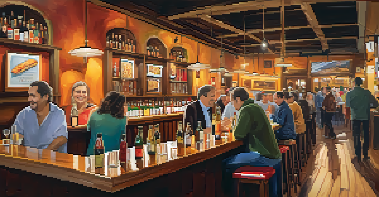 A lively pintxos bar in San Sebastián, filled with colorful pintxos and patrons enjoying their meals.