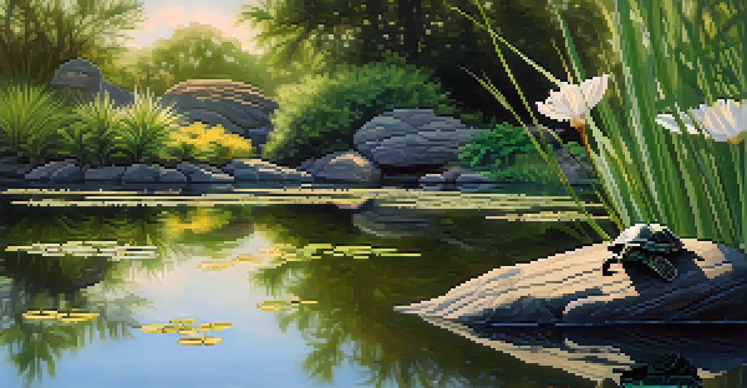 A serene pond in the Royal Botanical Garden with turtles on rocks, surrounded by aquatic plants and reflecting the trees and sky.