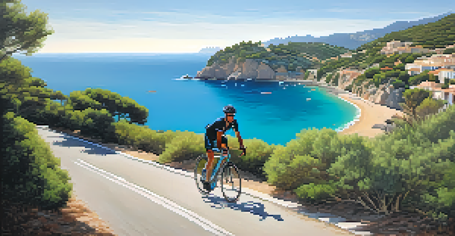 A cyclist riding along a coastal path on the Costa Brava, with cliffs, the Mediterranean Sea, and beach towns in the background.