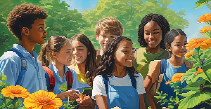 A group of diverse students observing a butterfly in a lush outdoor setting during a science exploration tour.