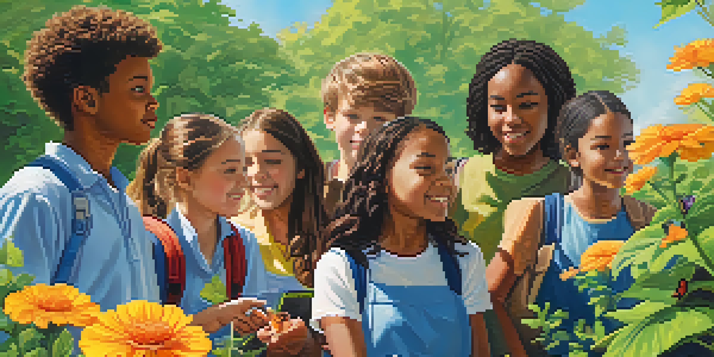 A group of diverse students observing a butterfly in a lush outdoor setting during a science exploration tour.