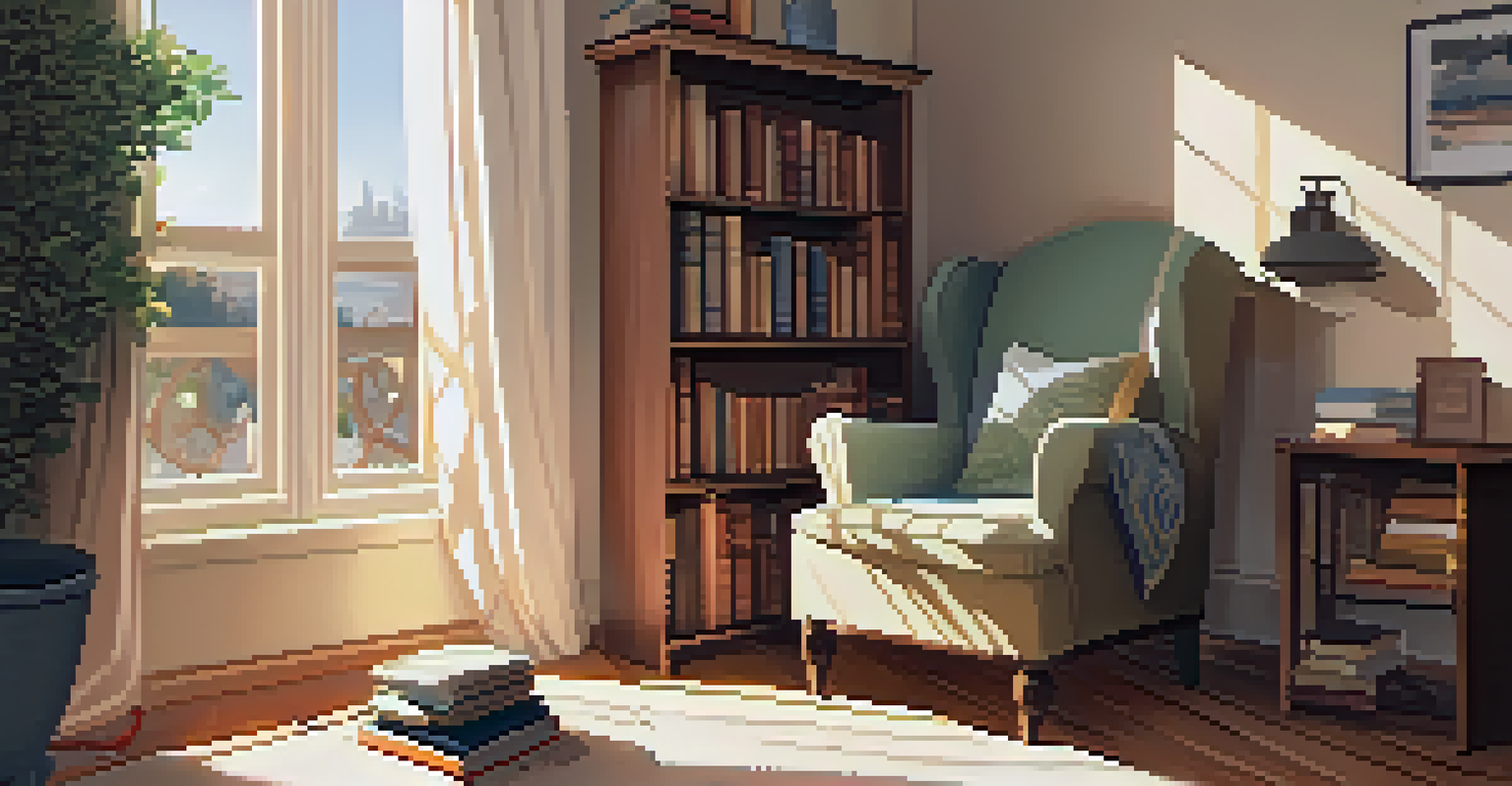 A cozy reading nook with an armchair, bookshelf, and a cup of tea in a sunlit room.