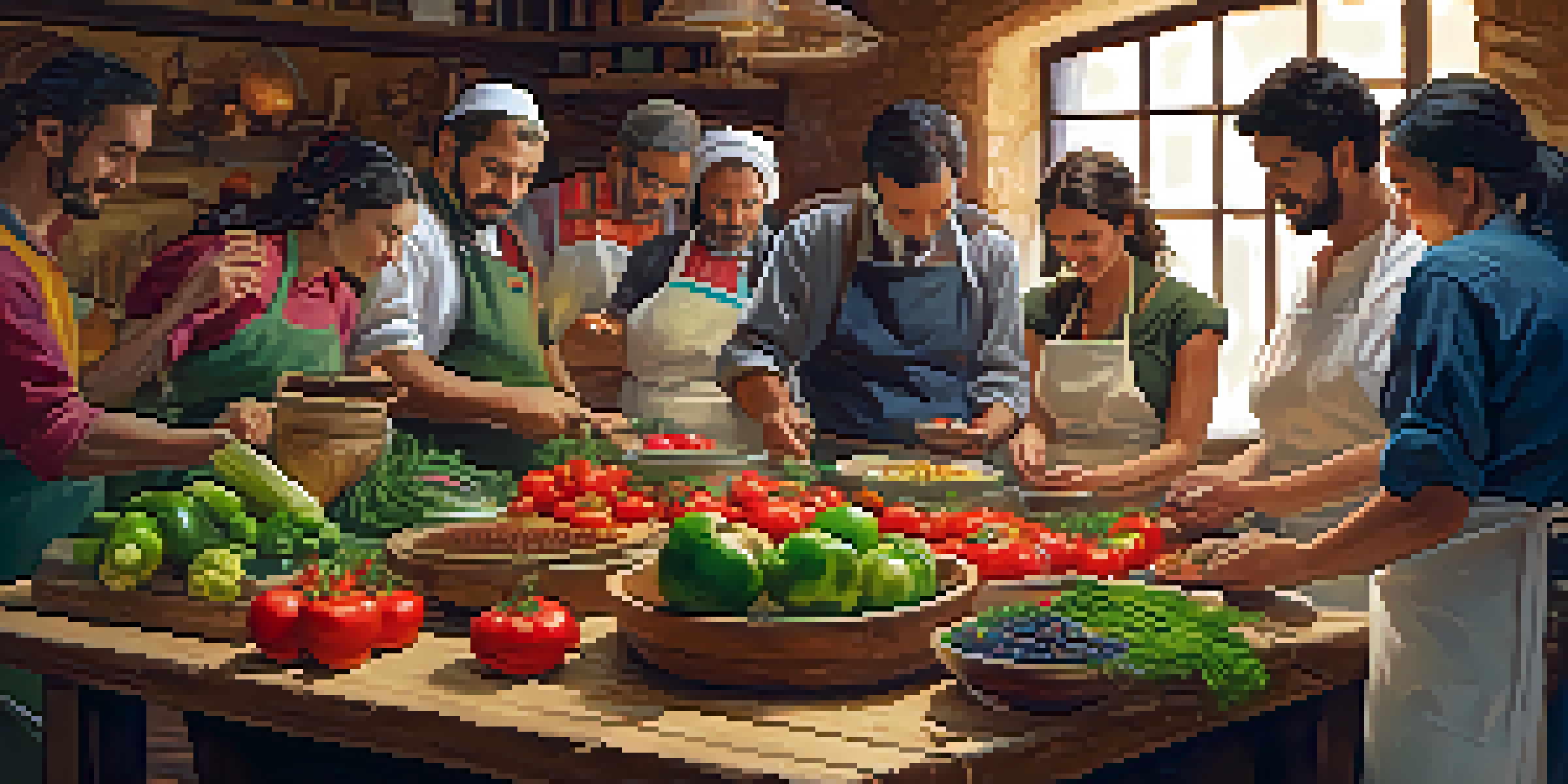 A group of people participating in a Spanish cooking workshop, chopping vegetables and preparing tapas with local chefs in a rustic kitchen.