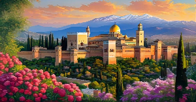 A scenic sunset view of the Alhambra in Granada, surrounded by colorful gardens and distant mountains.