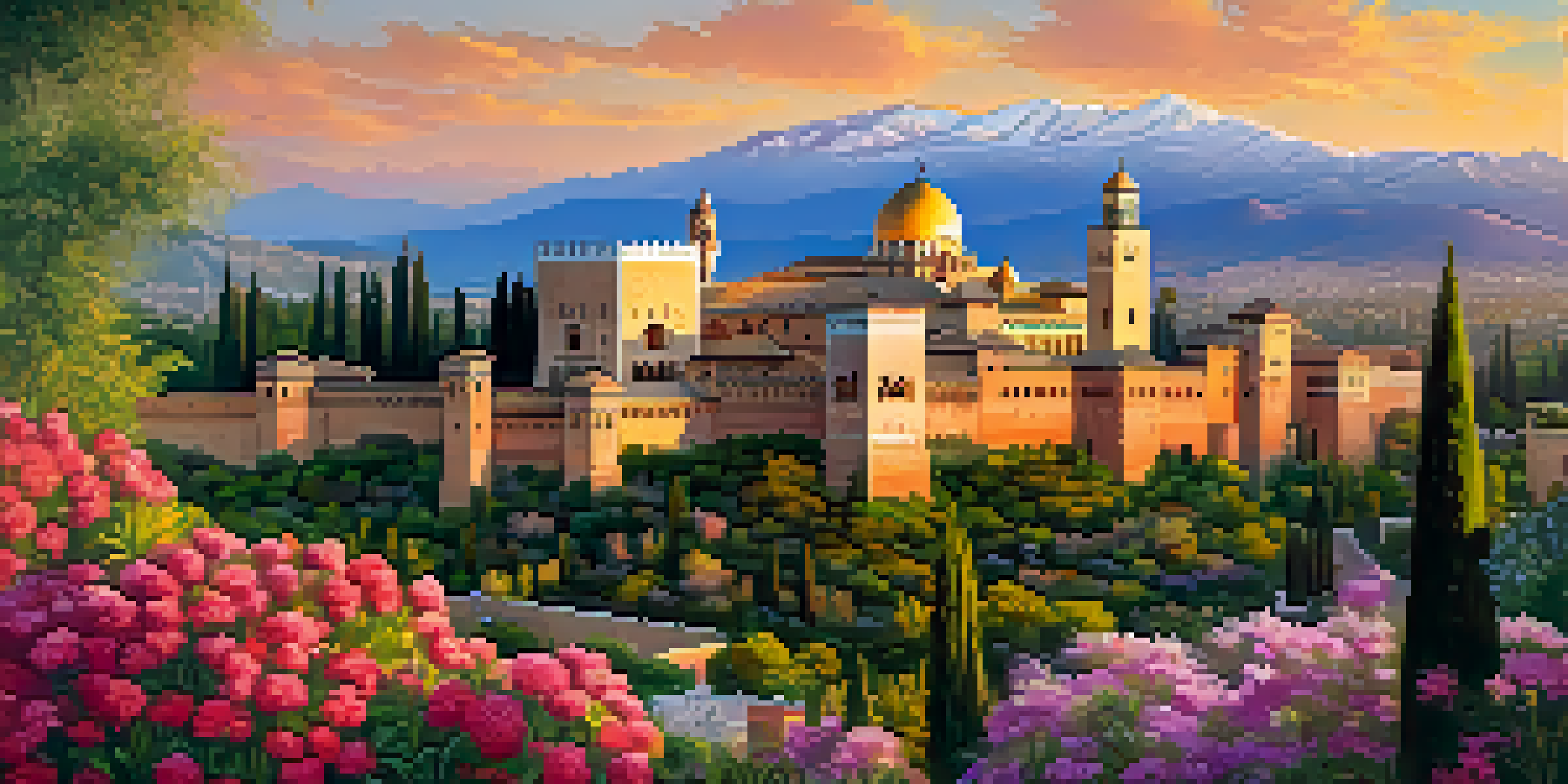 A scenic sunset view of the Alhambra in Granada, surrounded by colorful gardens and distant mountains.