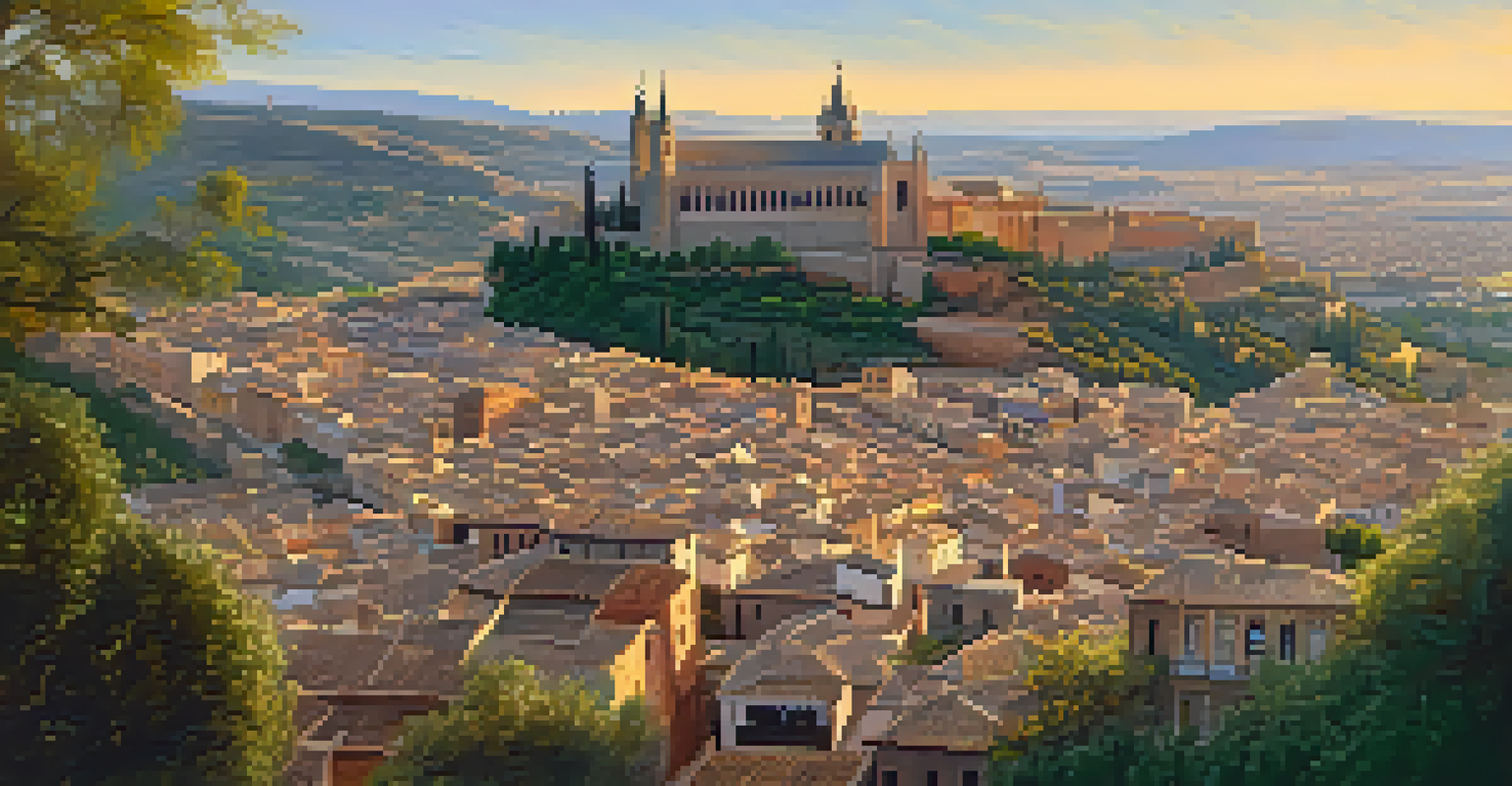 An aerial view of Toledo, showcasing its historical architecture and the majestic Alcázar amidst a golden hour glow.