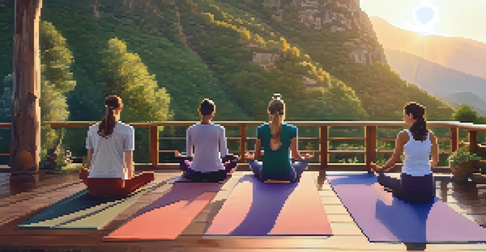 A group of people practicing yoga on a wooden deck in the mountains during sunset, surrounded by lush greenery.