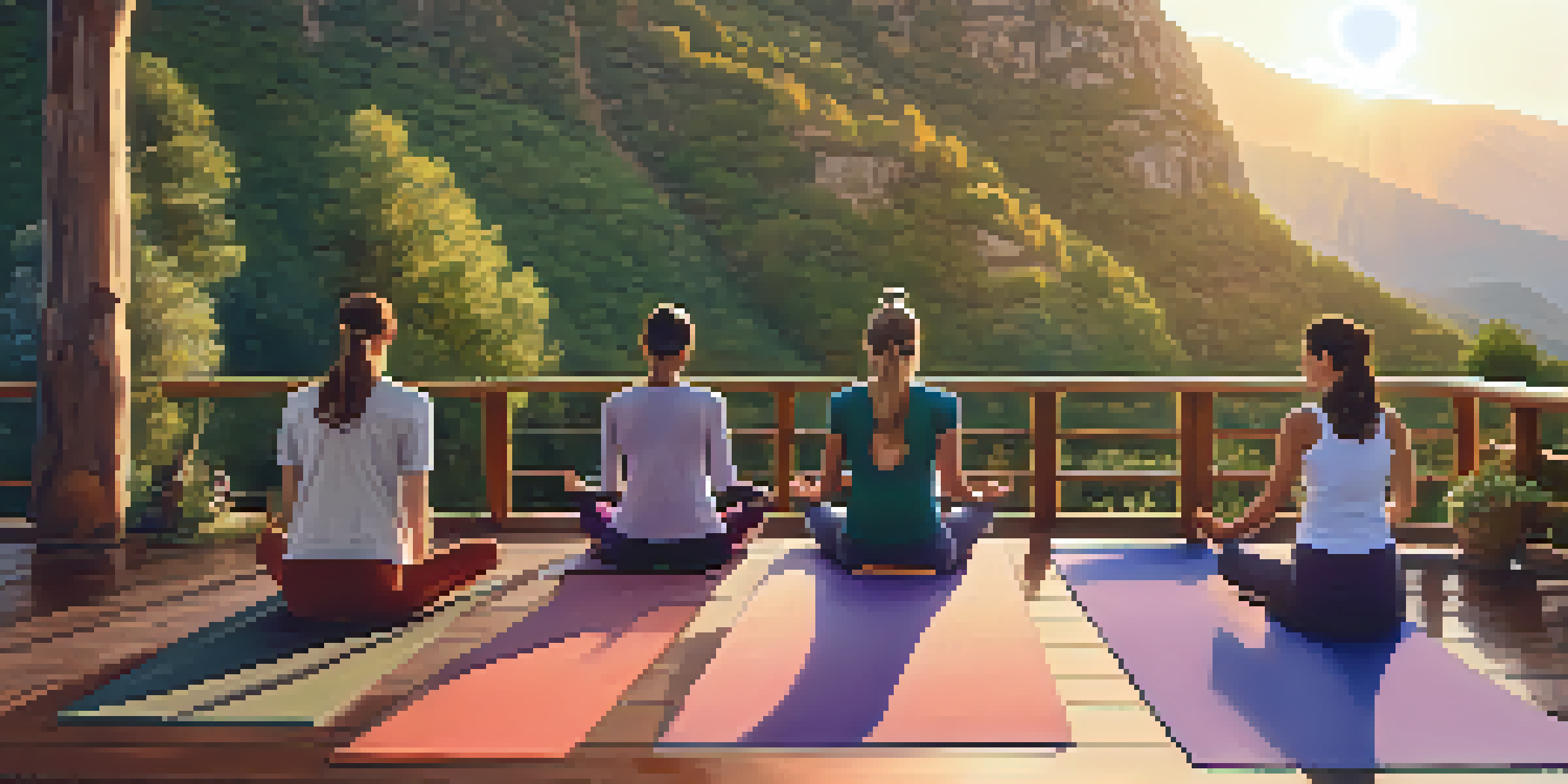 A group of people practicing yoga on a wooden deck in the mountains during sunset, surrounded by lush greenery.