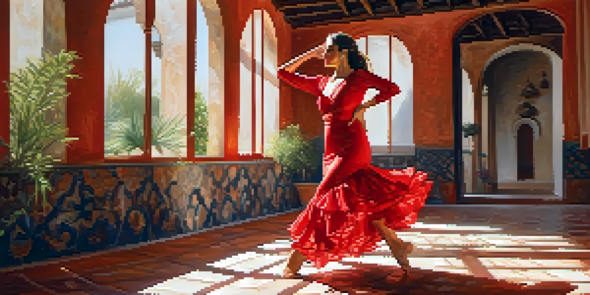 A Flamenco dancer in a red dress performing in a sunny Spanish courtyard, showcasing emotion through movement.