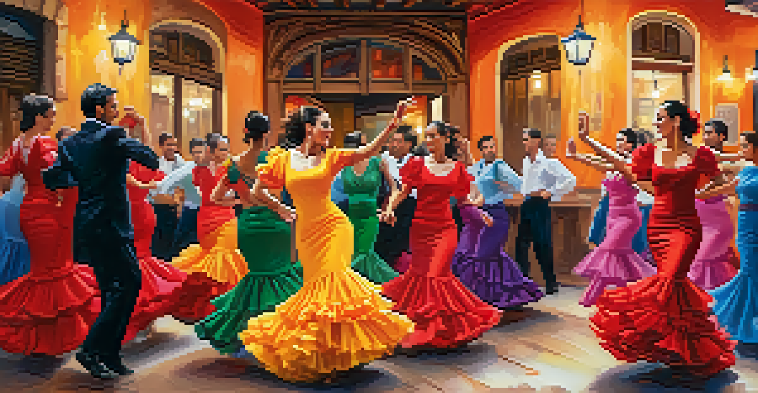 A group of Flamenco dancers in colorful costumes performing in a lively Spanish café with bright lights and festive decorations.
