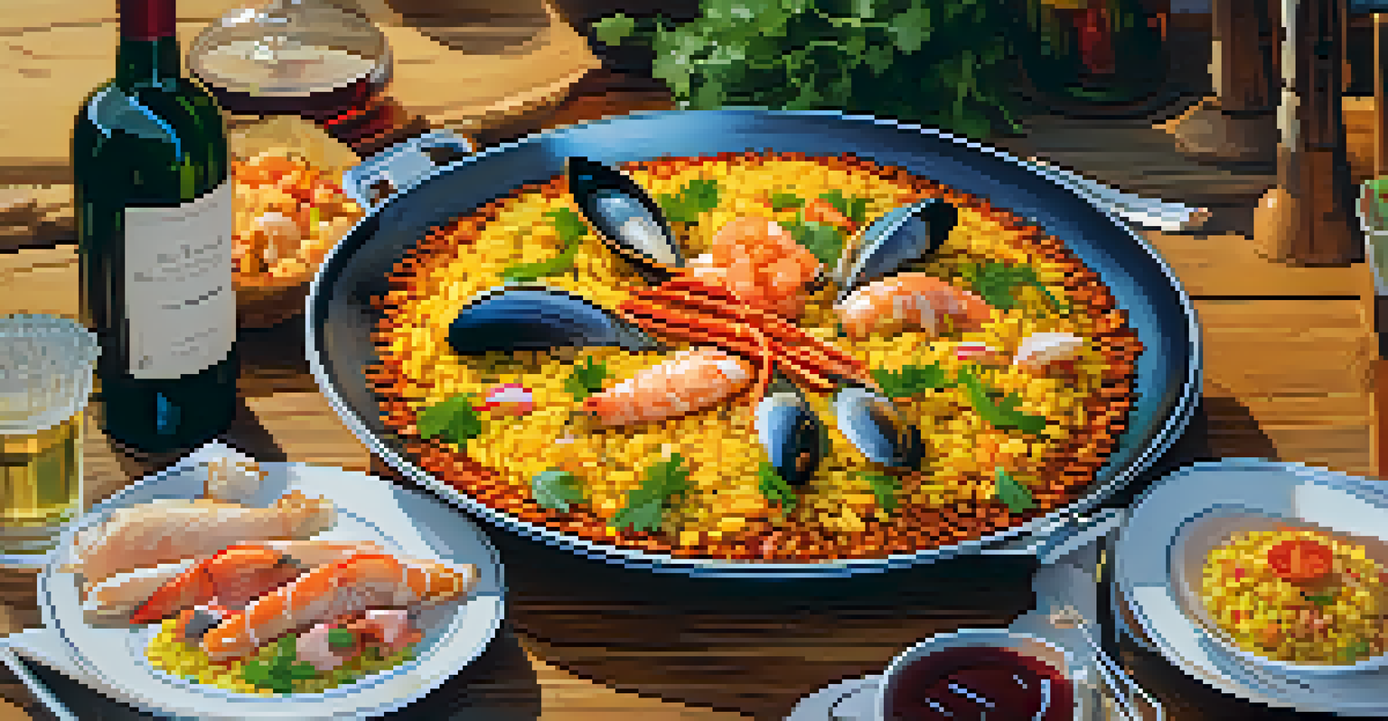 A beautifully arranged plate of paella, highlighting the colorful ingredients, set on a rustic table with a glass of wine and tapas in the background.