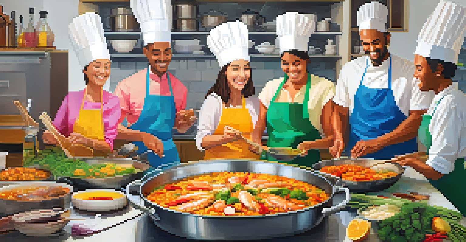 Participants in a culinary workshop happily preparing a large paella, with seafood and vegetables in a big pan, surrounded by a colorful kitchen.